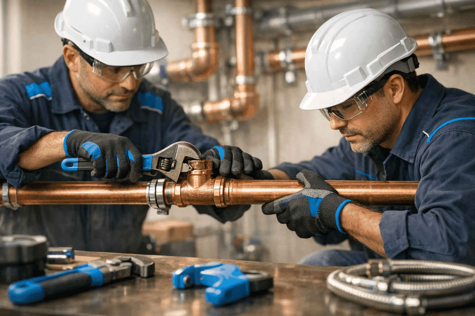 Two OSHA-compliant plumbers installing pipes indoors with gloves and helmets