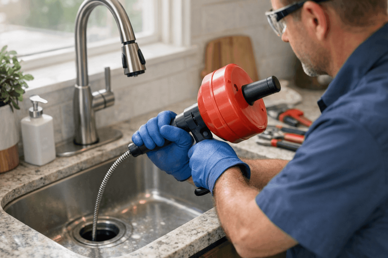 Technician cleaning kitchen sink drain in Fort Valley GA home