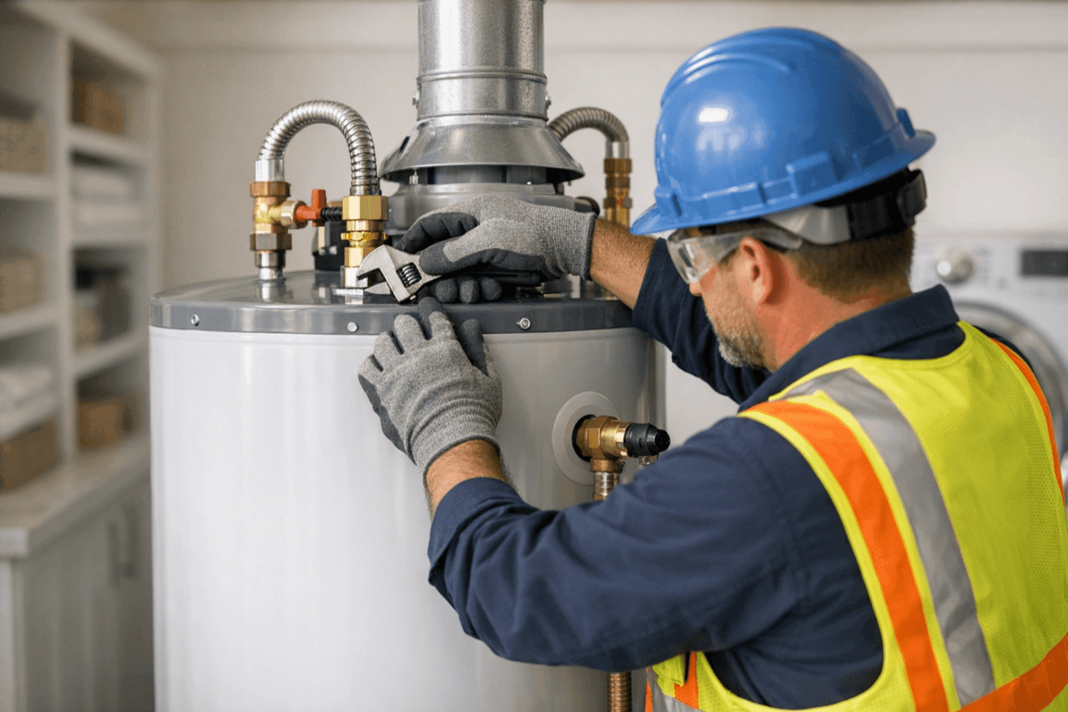 Plumber installing new water heater in Fort Valley GA utility room