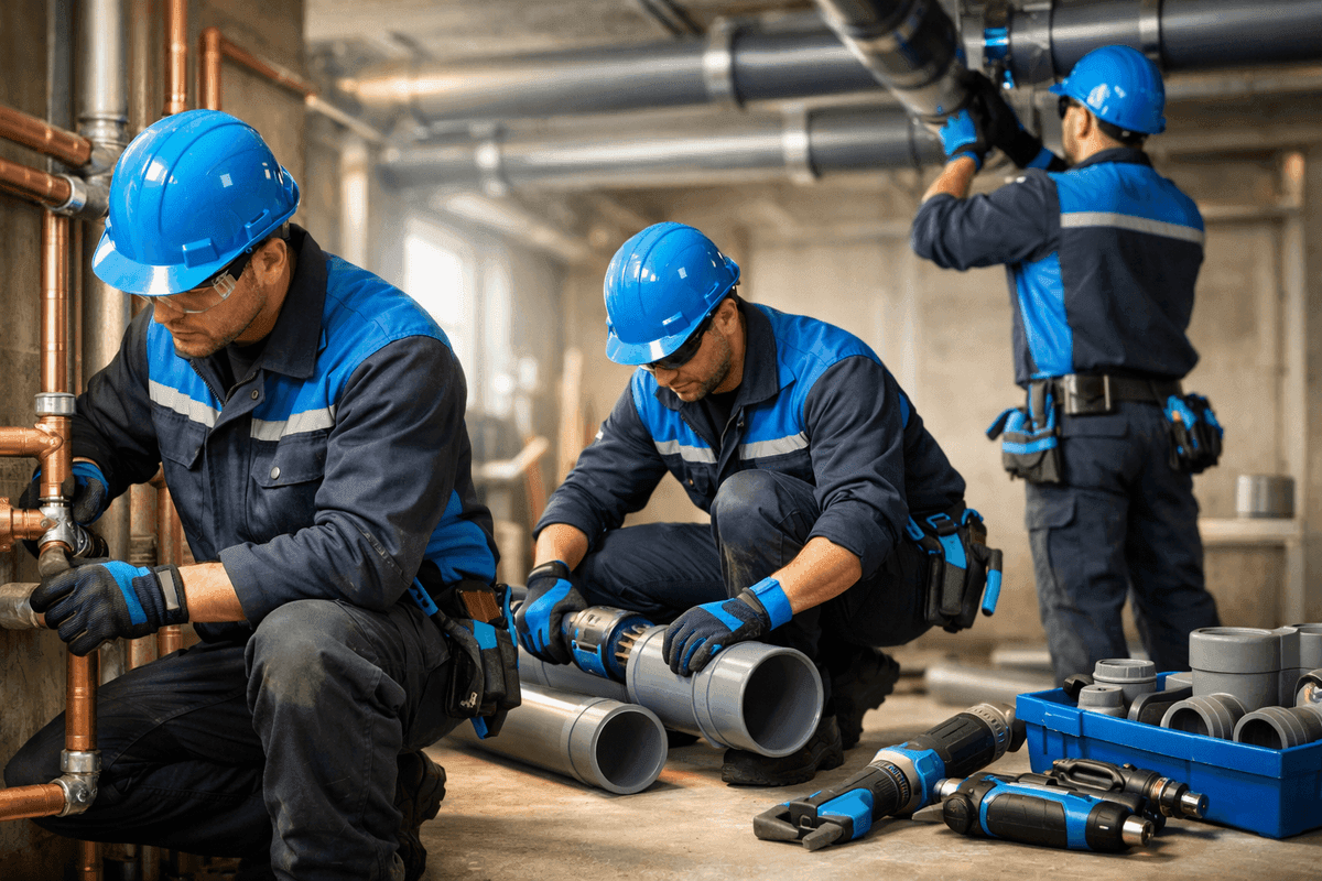 Plumber's gloved hands tightening pipe joint with wrench in residential bathroom